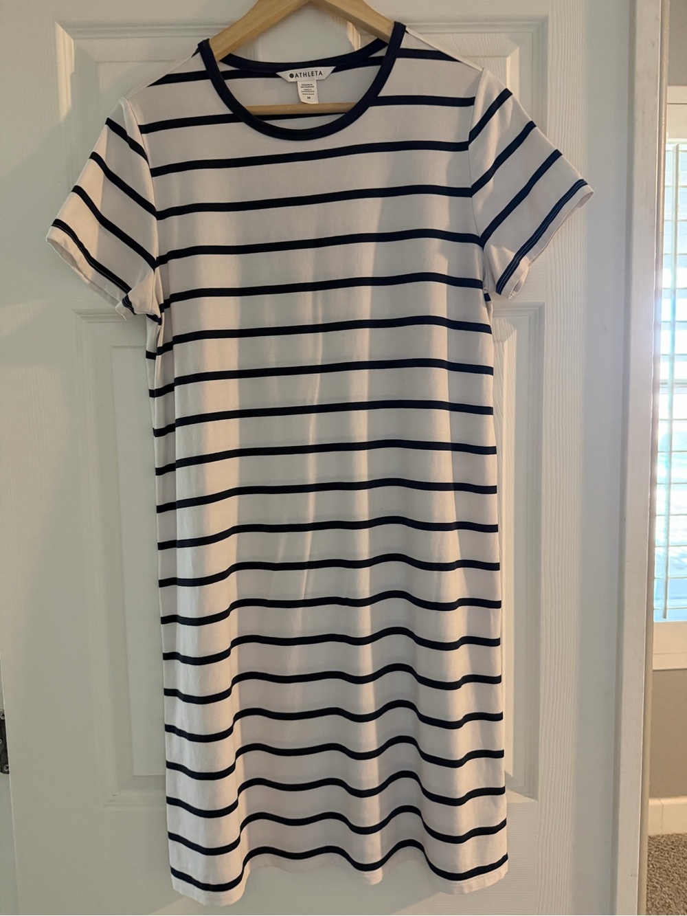 Athleta Essential Tee navy and white stripe dress